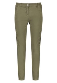 Pantalones cargo verde oliva con un corte ajustado, hechos de una mezcla de algodón. Presentan bolsillos laterales con cremallera y bolsillos estándar en la parte delantera y trasera.