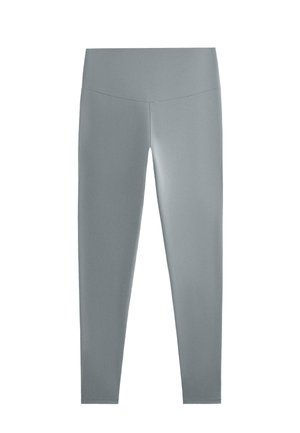 Gray leggings with a smooth, stretchy fabric. Features a wide waistband and form-fitting design, tapering to the ankles. No patterns or accents.