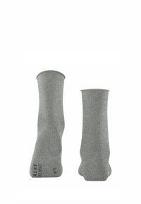 Calzini di cotone grigi, lunghezza media fino al polpaccio, texture liscia, punta senza cuciture, con branding sottile sul lato e sulla caviglia, adatti a diverse calzature.