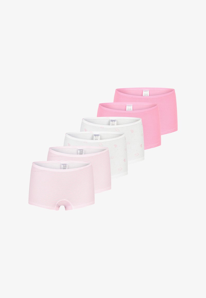Cinque paia di boxer in cotone nelle tonalità di rosa e bianco, con colori solidi e sottili righe, dotati di una cintura comoda.