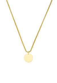 Goldene Halskette mit einem runden, flachen Anhänger. Die Kette hat ein verknüpftes Muster, und der Anhänger ist glatt mit einer polierten Oberfläche.