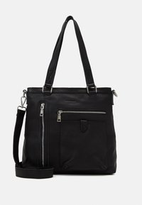Černá kožená taška přes rameno s dvěma horními úchyty, odnímatelným ramenním popruhem a několika zipovými kapsami pro úschovu. Hladký povrch, minimalistický design.