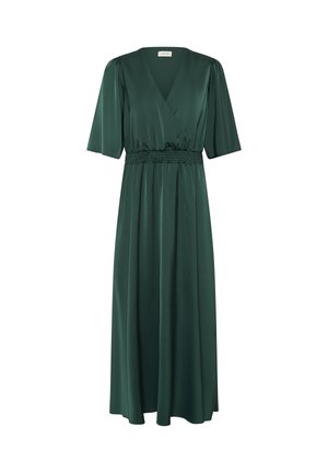 Mørkegrøn midi-kjole med V-udskæring, korte pufærmer og elastisk talje med rynker, lavet af glat, skinnende stof.