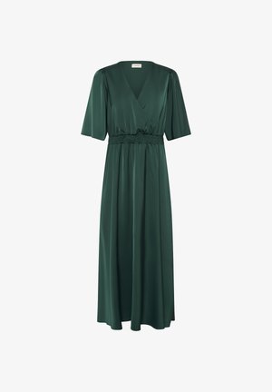 Tume-roheline midi-kleit V-kaelusega, lühikeste padjaste varrukatega ja kogutud elastse vöökohaga, valmistatud siledast, läikivast kangast.