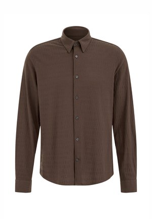Brown button-up shirt made of textured fabric, featuring a collar, long sleeves, and a front button closure with black buttons.