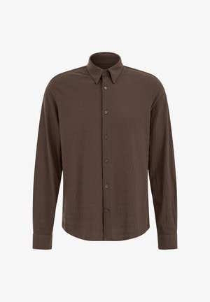 Hnedá košeľa na gombíky vyrobená z textúrovaného materiálu, so štítkom, dlhými rukávmi a predným zapínaním na čierne gombíky.