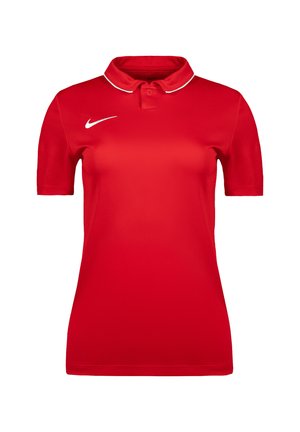Rood poloshirt met korte mouwen, witte Nike-swoosh op de rechterborst en witte rand aan de kraag, weergegeven op een witte achtergrond.