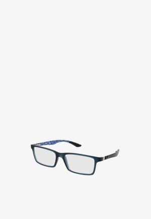 Rechteckige dunkelblaue Brille mit klaren Gläsern und gemusterten Innenbügeln, dargestellt vor weißem Hintergrund.