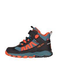 Czarne buty trekkingowe z pomarańczowymi i turkusowymi akcentami. Syntetyczna cholewka, siatkowe panele, regulowany pasek oraz gumowa podeszwa z wzorami zapewniającymi przyczepność.