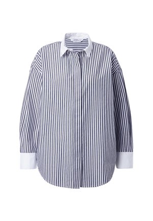 Camicia a righe con bottoni caratterizzata da righe verticali blu navy e bianche, un colletto bianco a contrasto e maniche lunghe e larghe con polsini.