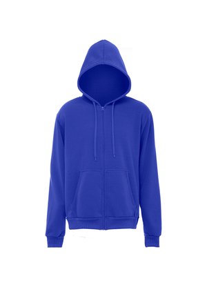 Blauwe hoodie met rits, trekkoorden en twee voorzakken, afgebeeld op een witte achtergrond.
