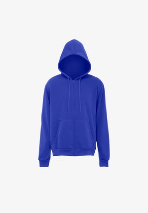 Felpa blu con cappuccio e zip, coulisse e due tasche frontali, mostrata su sfondo bianco.