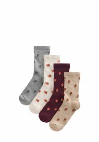 Set of four socks: gray with leaf pattern, cream with snail print, burgundy with mushroom design, and beige with pinecone accents.