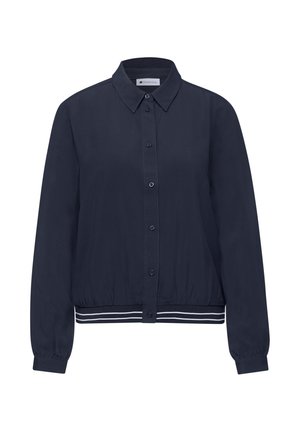 Veste à manches longues bleu marine avec col, boutonnée sur le devant et taille à rayures élastique.