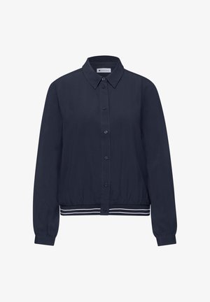 Veste à manches longues bleu marine avec col, boutonnée sur le devant et taille à rayures élastique.