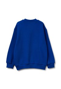 Sudadera azul con cuello redondo, mangas largas, puños acanalados y dobladillo acanalado. Fabricada con un tejido suave de textura lisa. Diseño liso.