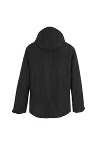 Veste noire à capuche vue de dos, avec manches longues et poignets ajustables.