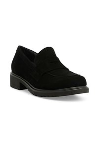 Mocassino in suede nero con una fascia cucita davanti, tacco basso e suola testurizzata. Finitura liscia e design a punta rotonda.