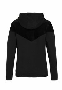 Zwarte hoodie met een gev textured corduroy paneel op de schouders, een kangoeroezak en ribgebreide manchetten en onderkant.