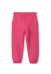 Ljust rosa barnbyxor i sweatshirtmaterial med elastiskt midjeband och ankelslutar på vit bakgrund.