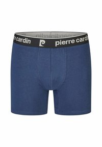 Navy blue cotton boxer shorts featuring a black elastic waistband with white branding, smooth texture, and a fitted design.