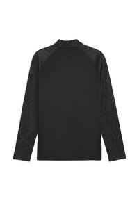 Camisa negra de manga larga con un patrón texturizado en las mangas. Tejido suave, cuello alto y mangas raglán. Diseño liso en la parte trasera.