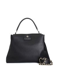 Borsa a tracolla in pelle nera con design strutturato, manico superiore e tracolla a catena removibile. Presenta una placca con logo dorato e superficie testurizzata.