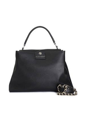 Mustat nahkakäsilaukku, jossa on rakenteellinen muotoilu, ylöspäin nouseva kahva ja irrotettava kettukahva. Varustettu kultaisella logo-plaquetteella ja tekstuuripinnalla.