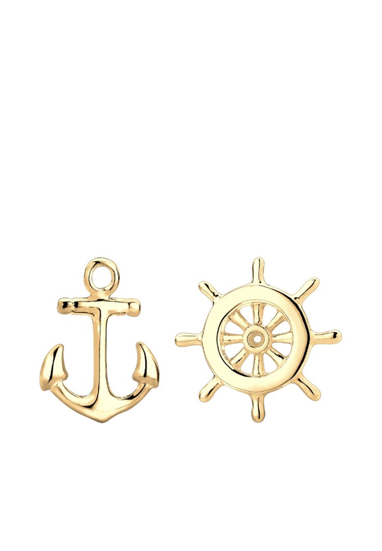 Charm a tema nautico in oro: un'ancora e un timone. Finitura liscia, design tridimensionale con dettagli accurati e forme precise.