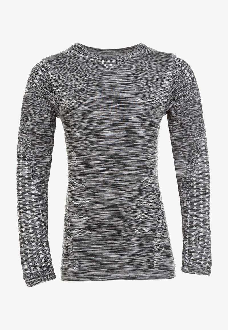 Grå langærmet top lavet af tekstureret stof, med et subtilt mønster, meshpaneler og dekorative detaljer på ærmerne.
