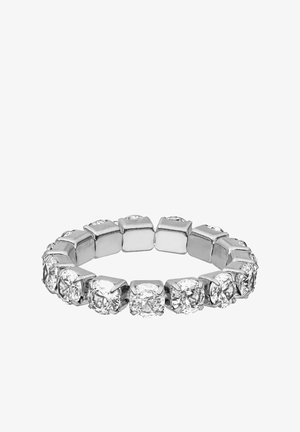 Silver-tone ring featuring alternating square and round clear gemstones, set in a linked design. Polished metal finish with a smooth texture.