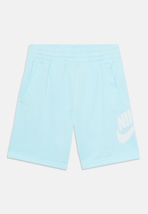 Lyseblå Nike-shorts med elastisk talje, sidelommer og en hvid Nike-logo på det nederste højre ben.
