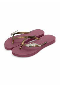 Roze flip-flops met bronzen bandjes en een gecko-accent versierd met strass-steentjes, met een gestructureerde voetbed voor grip.