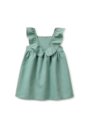 Robe pour tout-petit sans manches vert sauge avec un décolleté en V profond et un volant le long de l'encolure et des épaules, silhouette ample en ligne A.