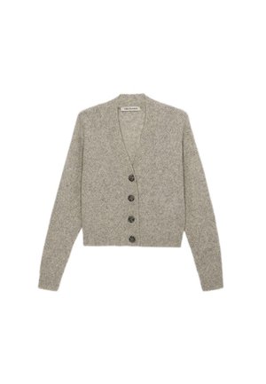 Gray herringbone knit cardigan with a V-neck, featuring four dark buttons and ribbed cuffs, made from a soft wool blend.