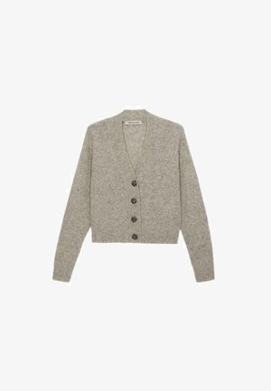 Cardigan grigio a zig zag con scollo a V, dotato di quattro bottoni scuri e polsini a costine, realizzato in un morbido misto lana.