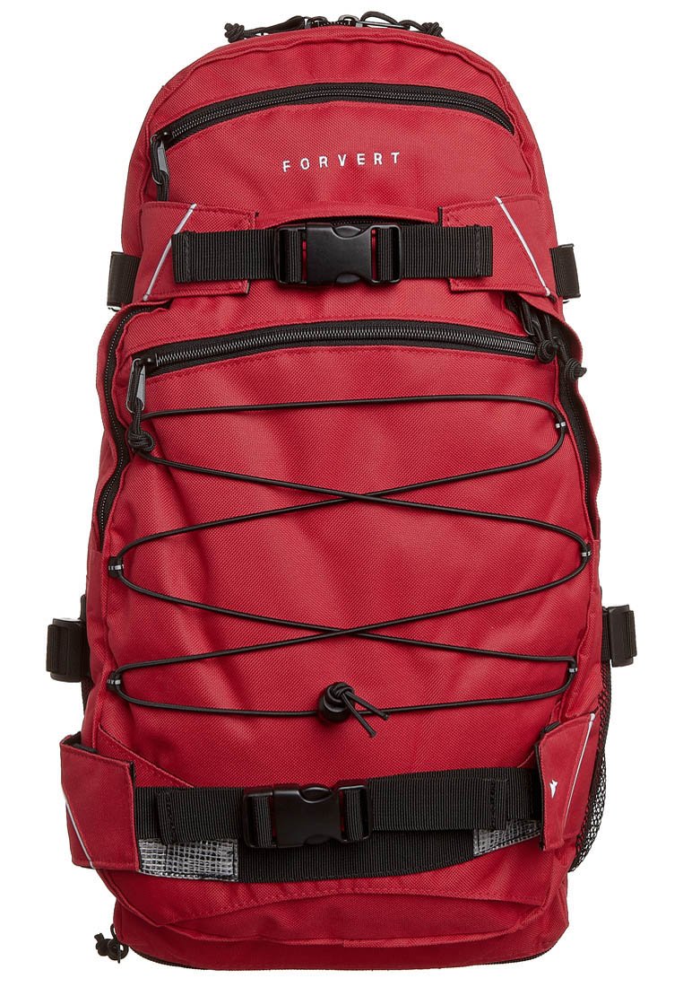 Sac à dos Forvert rouge avec poches zippées à l'avant, bretelles noires ajustables, cordon élastique en croix et logo blanc sur la partie supérieure.