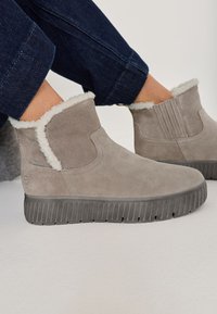 Grijze suède enkellaarsjes met een zachte witte bontvoering, een gestructureerde rubberen zool en verticale accenten aan de achterkant voor extra detail.