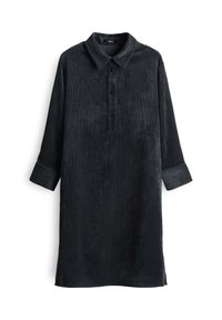 Donkergrijze corduroy lange mouw jurk met een puntige kraag, knoopsluiting en manchetten, hangend tegen een witte achtergrond.