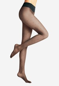 Durchsichtige schwarze Strumpfhosen mit einem gepunkteten Muster, einem undurchsichtigen schwarzen Bund und einer glatten Textur, die für Komfort und Stil entworfen wurden.