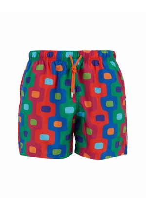 Costumi da bagno dai colori vivaci con un motivo geometrico di quadrati in rosso, blu, verde e arancione; vita elastica con cordoncino.