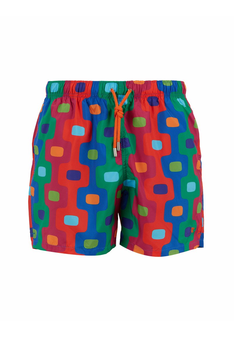 Costumi da bagno dai colori vivaci con un motivo geometrico di quadrati in rosso, blu, verde e arancione; vita elastica con cordoncino.