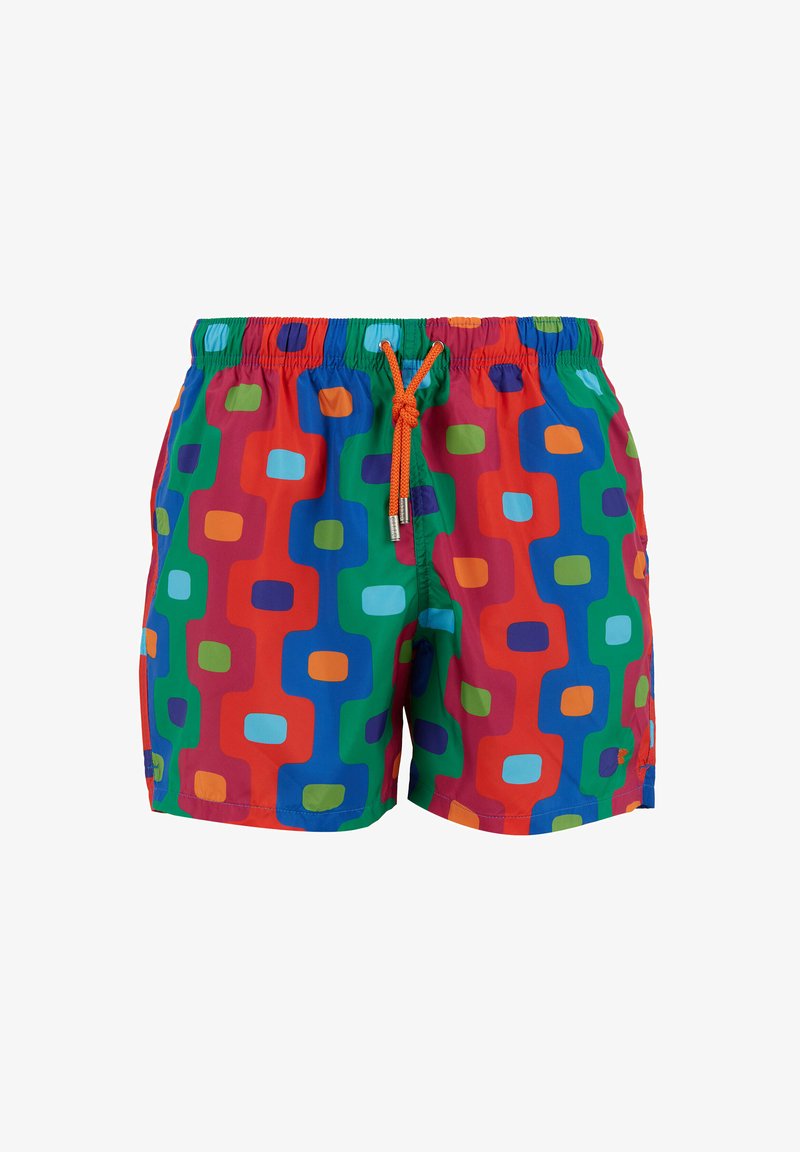 Costumi da bagno dai colori vivaci con un motivo geometrico di quadrati in rosso, blu, verde e arancione; vita elastica con cordoncino.