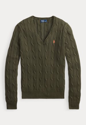 CABLE-KNIT COTTON V-NECK SWEATER - Πουλόβερ - harvest olive