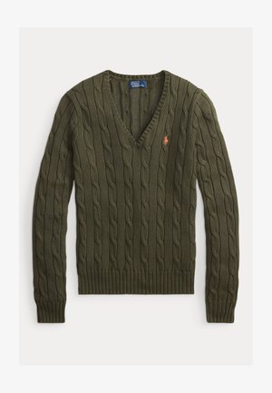 Olivno zelena pulover iz tkanega pletenja s črnim izrezom in rebrastimi manšetami ter robom. Na prsih ima majhno vezeno logotip.