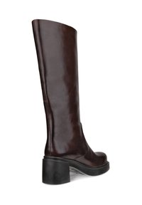Sleek brown leather knee-high boot with a rounded toe and chunky black heel, showcased from a side angle.