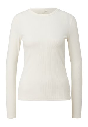 Langärmliges, geripptes Oberteil in Off-White. Besitzt einen runden Halsausschnitt und eine schmale Passform. Weicher Stoff mit minimalen Nähten. Etikett zeigt Größe 'S'.