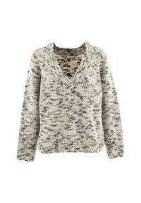 Suéter tejido con cuello en V, presenta un patrón jaspeado en tonos gris y blanco, mangas largas y un dobladillo acanalado. Tejido texturizado.