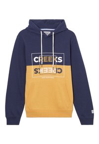 Sudadera color bloqueada en azul marino y amarillo con cordones, bolsillo tipo canguro y gráfico frontal que dice "CREEKS". Fabricada con tela suave.
