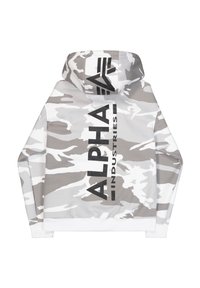 Szürke és fehér álcázó mintázatú kapucnis pulóver, elöl nagy fekete "ALPHA INDUSTRIES" logóval. Puha szövettextúra.